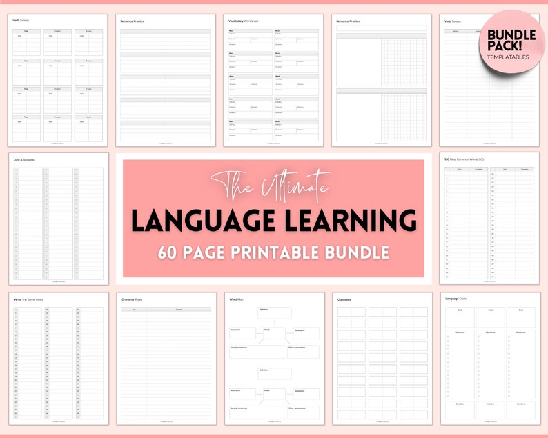 Language Learning Planner, Study Korean, Japanese, Spanish, French, English, Language Templates, Trackers, Notebook, Student Vocab Workbook