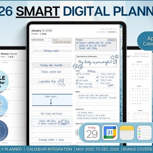 Puede incluir: Un planificador digital en una tableta muestra un horario diario, con el texto "2026 Smart Digital Planner". Incluye integración con los calendarios de Apple y Google, un planificador semanal y 300 portadas digitales. El planificador incluye una vista de calendario y varias plantillas.