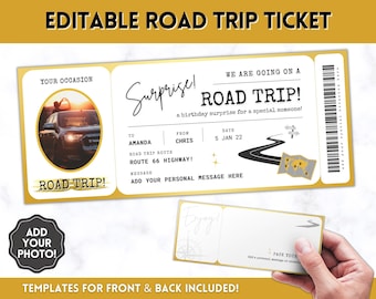 Road Trip Ticket template, EDITABLE family road trip ticket, Ticket to ride Voucher, Surprise Trip, Travel Gift Certificate, Canva Template