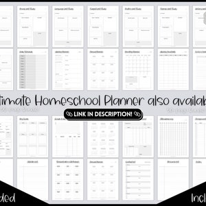 May include: A black and white printable homeschool planner with pages for daily schedules, weekly lesson plans, and grade tracking. The planner includes the text "Ultimate Homeschool Planner also available! 50-page Bundle!" and "LINK IN DESCRIPTION!"