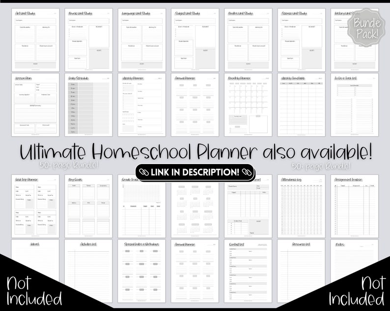 May include: A black and white printable homeschool planner with pages for daily schedules, weekly lesson plans, and grade tracking. The planner includes the text "Ultimate Homeschool Planner also available! 50-page Bundle!" and "LINK IN DESCRIPTION!"