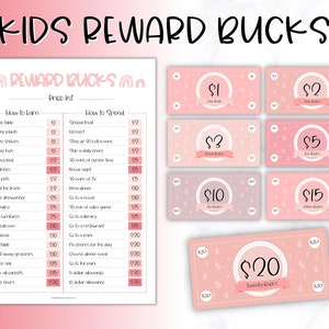 EDITIERBARE Kids Reward Bucks, Mom Bucks, Kids Reward Coupons, Aufgabentabelle für Kinder, Kinderspielgeld, Belohnungssystem, druckbares Spielgeld