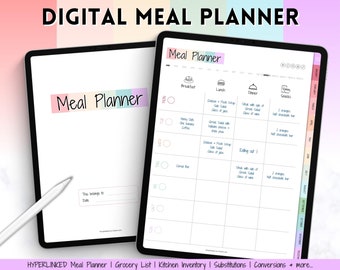 Digital Meal Planner, Colorful Weekly Meal Planner, Meal Plan Template, GoodNotes iPad planner, Meal Prep, Grocery List, Kitchen, Food Menu