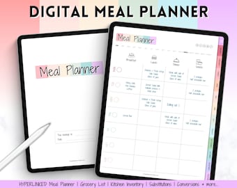 Planificateur de repas numérique, planificateur de repas hebdomadaire coloré, modèle de plan de repas, planificateur iPad GoodNotes, préparation de repas, liste d'épicerie, cuisine, menu alimentaire