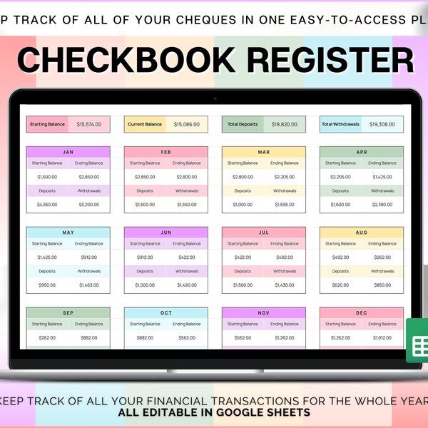 Checkbook Register Spreadsheet, Google Sheets Check Register, Bill, Expenses, Credit Card, Income, Spending Tracker, Finance Template