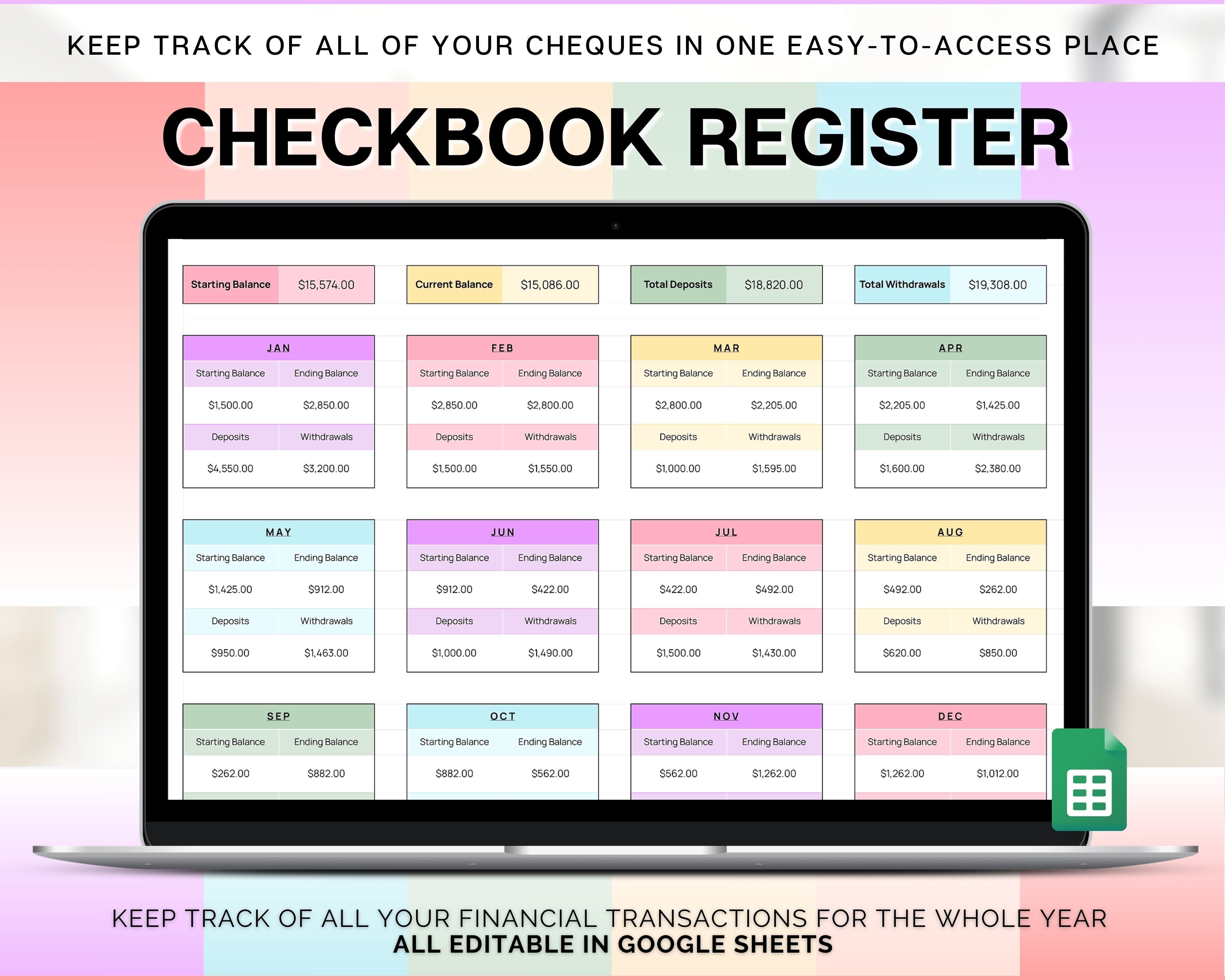 Checkbook Register Spreadsheet, Google Sheets Check Register, Bill, Expenses, Credit Card, Income, Spending Tracker, Finance Template
