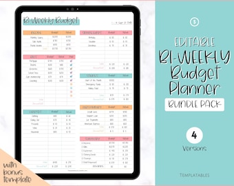 May include: Editable bi-weekly budget planner template with four different versions. The template includes sections for income, bills, expenses, savings, debt payments, and a summary. The template is designed to help users track their finances and create a budget.