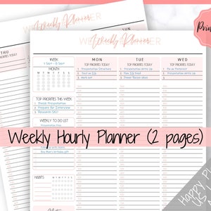 Weekly Planner Printable, Hourly Planner, Week on 2 pages WO2P, Weekly Schedule, Undated Planner, 2024 Weekly Organizer, To Do List