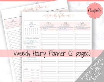 Weekly Planner Printable, Hourly Planner, Week on 2 pages WO2P, Weekly Schedule, Undated Planner, 2024 Weekly Organizer, To Do List