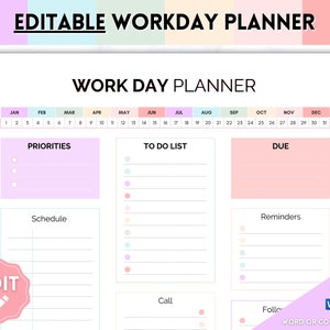 May include: A printable workday planner with sections for priorities, to-do list, due dates, schedule, and reminders. The planner has a pastel colour scheme with pink, blue, and green accents.