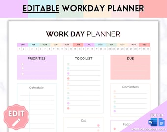EDITABLE Daily Planner, Work Day Organizer, Work from home To Do List, Printable Business Planner, Office Organizer, Digital Work Schedule