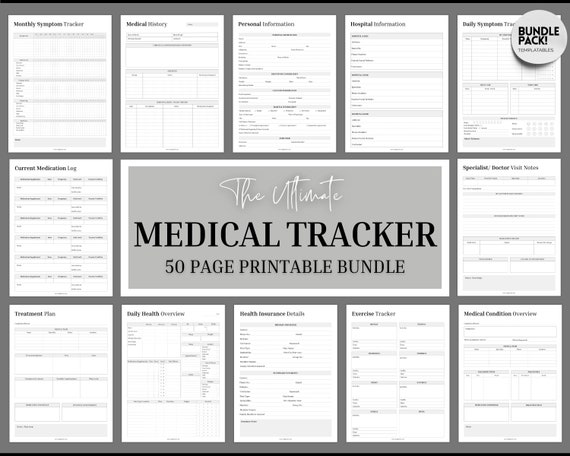 Medical tracker bundle, 50 Medical Binder pages, Medical Planner | Printable Medication, Symptom, Bill, Doctor Visits, Health Pain trackers