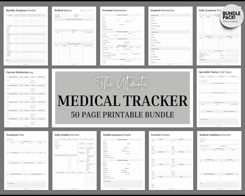 Medical tracker bundle, 50 Medical Binder pages, Medical Planner | Printable Medication, Symptom, Bill, Doctor Visits, Health Pain trackers