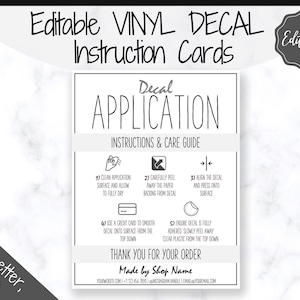 EDITABLE Vinyl Decal Care Card Instructions, Printable Decal Application Order Card, DIY Sticker Seller Packaging Label, Care Cards