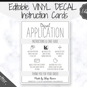BEWERKBARE Vinyl Decal Care Card Instructies, Afdrukbare Decal Application Order Card, DIY Sticker Verkoper Verpakkingslabel, Care Cards