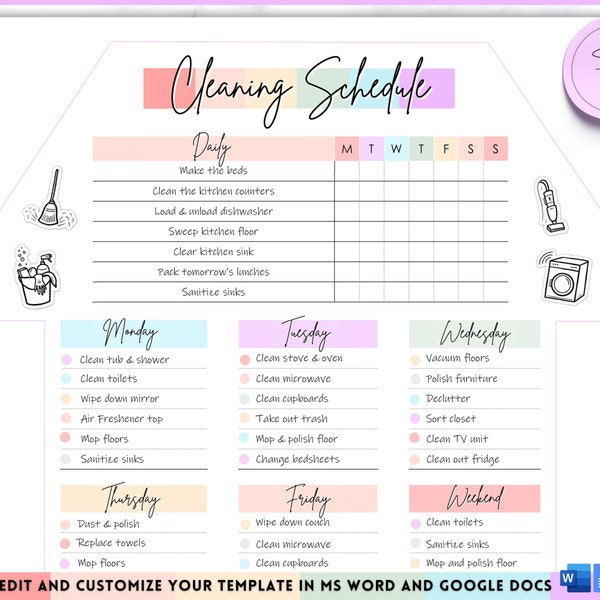 EDITABLE Cleaning Planner, Cleaning Checklist, Cleaning Schedule, Weekly House Chores, Adhd Clean Home, Monthly, Household Planner Printable