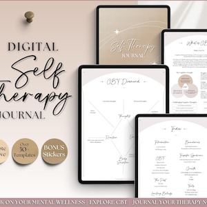 Könnte beinhalten: Digitales Selbsttherapie-Tagebuch mit über 30 Vorlagen und Bonus-Stickern. Das Tagebuch hat einen beigefarbenen Hintergrund mit einem weißen und schwarzen Design. Das Tagebuch enthält einen CBT-Diamanten, ein Inhaltsverzeichnis und Informationen über CBT.