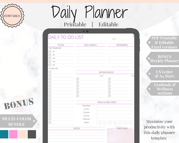 Daily Productivity Planner, Daily to Do List, Meal Planner