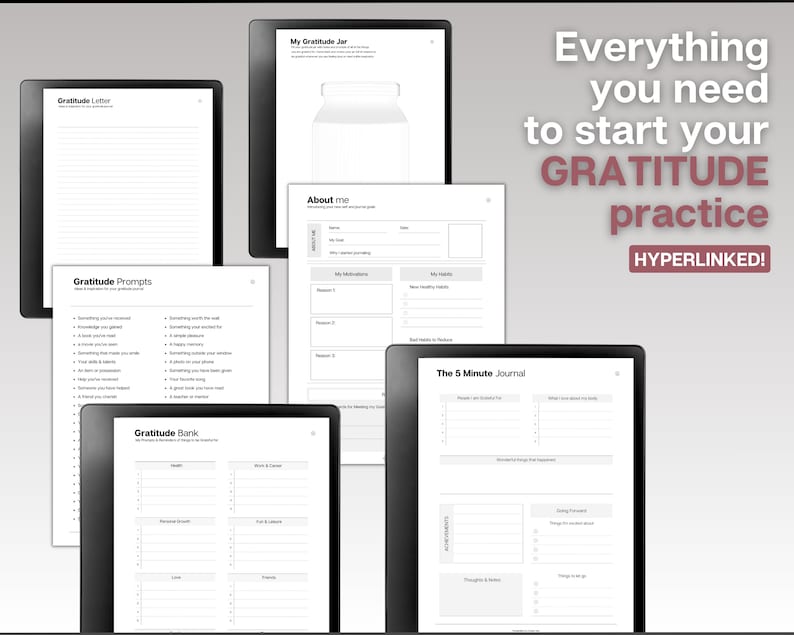 K&ouml;nnte beinhalten: Ein digitaler Download von druckbaren Dankbarkeitstagebuchseiten. Die Seiten beinhalten Aufforderungen, einen Dankbarkeitsbrief, eine Dankbarkeitsbank, ein Dankbarkeitsglas und ein 5-Minuten-Tagebuch. Der Text "Alles, was Sie brauchen, um mit Ihrer DANKBARKEITSPRAXIS zu beginnen HYPERLINKED!" befindet sich oben im Bild.