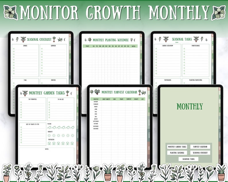 May include: A set of printable digital planner pages for gardening, featuring a green and white color scheme with illustrations of plants and flowers. The pages include a seasonal checklist, monthly planting schedule, seasonal tasks, monthly garden tasks, and a monthly harvest calendar.