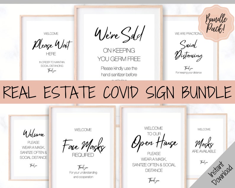 Real Estate Open House COVID SIGNS. Welcome Sign, Wear a mask, Social Distancing, Corona Virus Signs, Realtor Sign, Face Mask Sign, Signage 