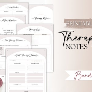 Op de afbeelding: Een bundel afdrukbare therapienotities in een zacht, neutraal kleurenpalet. De pagina's bevatten secties voor dagelijkse check-ins, therapienotities, pre-therapieplanning en post-therapie debriefing. De woorden "Therapy Notes" en "Bundle" worden weergegeven in elegant script.
