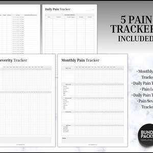 May include: Five printable pain tracker templates. The templates include a monthly pain tracker, a daily pain tracker, a pain log, a daily pain severity tracker, and a pain severity tracker.