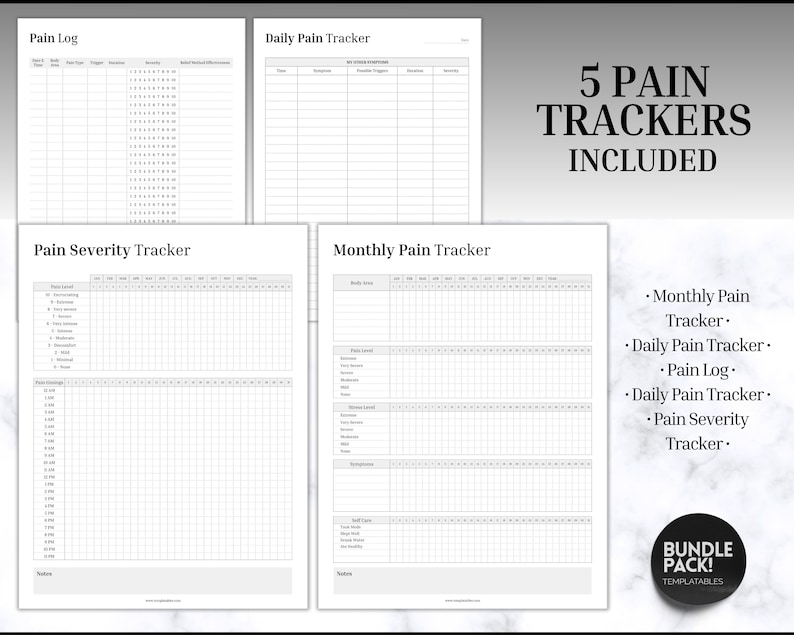 May include: Five printable pain tracker templates. The templates include a monthly pain tracker, a daily pain tracker, a pain log, a daily pain severity tracker, and a pain severity tracker.