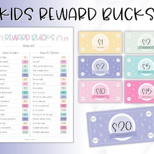 Kinder Belohnung Bucks, EDITIERBARE Mom Bucks, Kids Reward Coupons, Hausarbeitstabelle für Kinder, druckbares Kinderspielgeld, Belohnungssystem