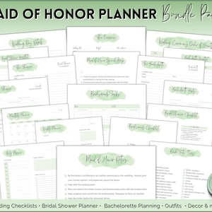 Maid of Honor Planner, 50pg GREEN Matron of Honor Wedding Planner bundle, MOH Binder Book, Checklist, To Do List, Bachelorette Bridal Shower