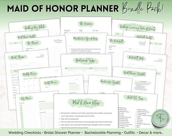 Maid of Honor Planner, 50pg GREEN Matron of Honor Wedding Planner bundle, MOH Binder Book, Checklist, To Do List, Bachelorette Bridal Shower