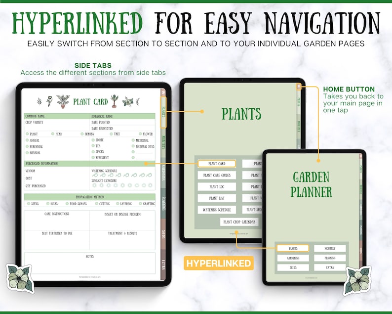 May include: A digital planner for gardening with a green and white color scheme. The planner includes sections for plants, garden planning, and monthly tasks. The planner is designed to be easy to navigate with hyperlinked tabs.