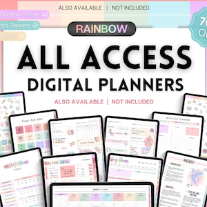 May include: A digital planner bundle with a rainbow theme. The image shows a variety of digital planners, including a daily food journal, a weekly planner, a work day planner, and a recipe book index. The text "ALL ACCESS DIGITAL PLANNERS" is displayed in large, bold letters. The text "RAINBOW" is displayed in smaller letters above the main text. The text "70% OFF" is displayed in a circle in the upper right corner of the image.