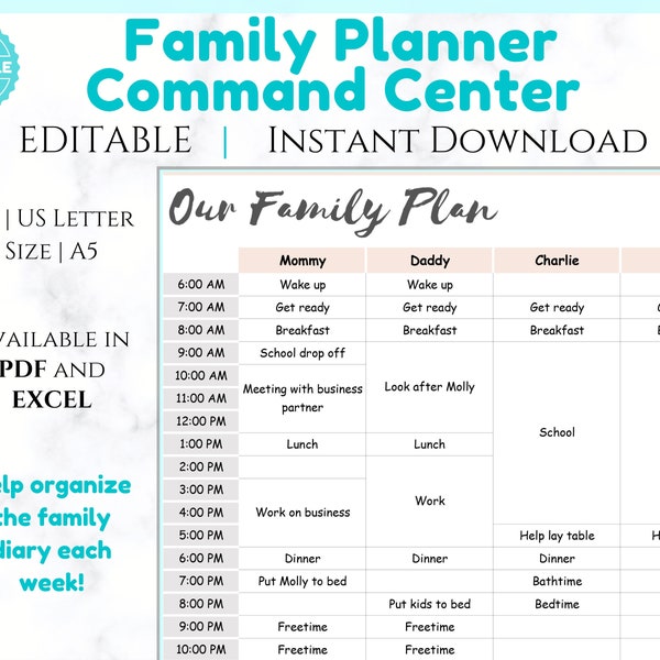 EDITABLE Weekly FAMILY SCHEDULE Planner | Weekly Family Planner | Family Calendar Printable | Command Center | Plan | Homeschool | Learning