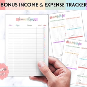 May include: A printable budget tracker with three pages. The first page is for income and expenses, the second and third pages are for bi-weekly budgets. The pages are decorated with pastel colors and have a modern design.
