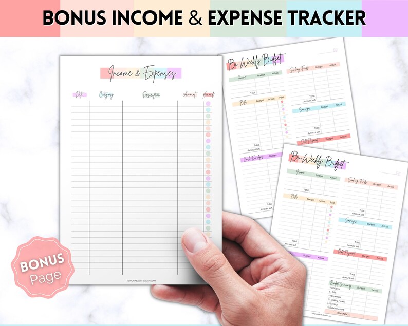 May include: A printable budget tracker with three pages. The first page is for income and expenses, the second and third pages are for bi-weekly budgets. The pages are decorated with pastel colors and have a modern design.