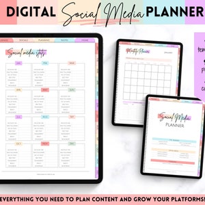 Könnte beinhalten: Digitaler Social-Media-Planer mit bunten Registerkarten und einer Monatskalenderansicht. Der Planer enthält über 12 Vorlagen, über 90 Seiten und über 45 Cover.