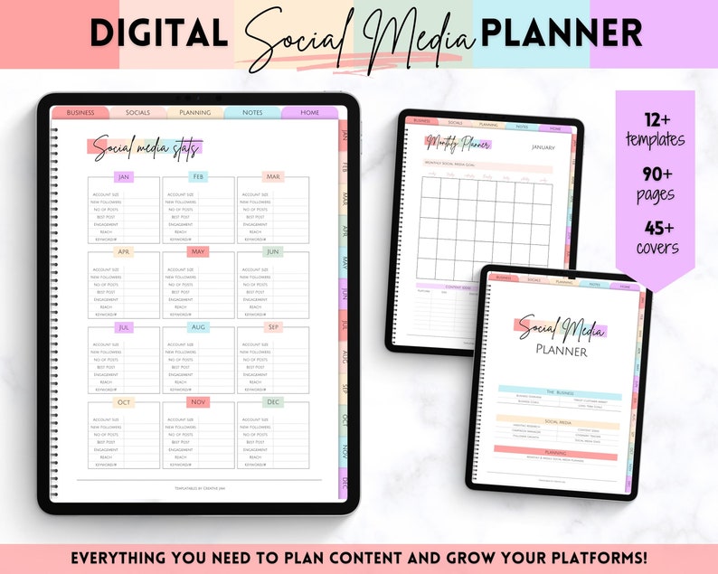 May include: Digital social media planner with colorful tabs and a monthly calendar view. The planner includes 12+ templates, 90+ pages, and 45+ covers.