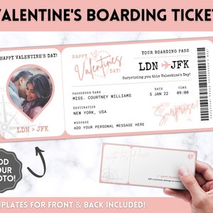 VALENTINE&#39;S Boarding Ticket Template, Valentine&#39;s Day Surprise Boarding Pass, Plane Ticket Vacation, Airline Flight Trip, Holiday Gift, Fake