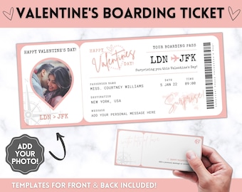 VALENTINE'S Boarding Ticket Template, Valentine's Day Surprise Boarding Pass, Plane Ticket Vacation, Airline Flight Trip, Holiday Gift, Fake