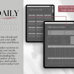 May include: A black and white digital planner with a daily fitness tracker. The planner includes sections for tracking workouts, meals, macros, and cardio. The planner also includes a calendar index with hyperlinked dates.
