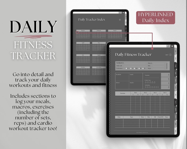 May include: A black and white digital planner with a daily fitness tracker. The planner includes sections for tracking workouts, meals, macros, and cardio. The planner also includes a calendar index with hyperlinked dates.