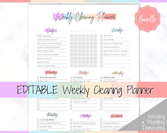 Weekly Cleaning Checklist, EDITABLE  Schedule, Cleaning Planner, Weekly House Chores, Clean Home Routine, Monthly Planner Bundle, Challenge