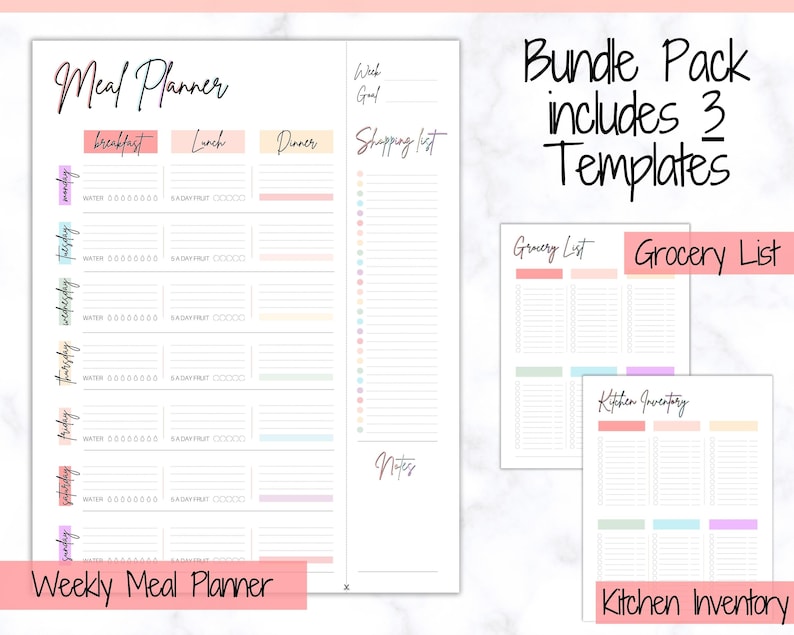 Meal Planner Printable, Weekly Food Diary, Meal Tracker, Food Journal, Menu Plan & Prep, BONUS Grocery List Diet, Fitness, Health, Pink image 4