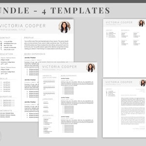 May include: Four resume templates in a bundle. Each template features a black and white design with a professional title, contact information, profile, education, work experience, skills, expertise, and interests sections. The templates also include a photo placeholder. The text "BUNDLE - 4 TEMPLATES" is at the top of the image.
