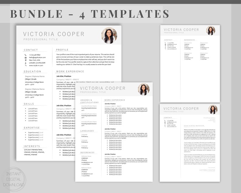 May include: Four resume templates in a bundle. Each template features a black and white design with a professional title, contact information, profile, education, work experience, skills, expertise, and interests sections. The templates also include a photo placeholder. The text "BUNDLE - 4 TEMPLATES" is at the top of the image.