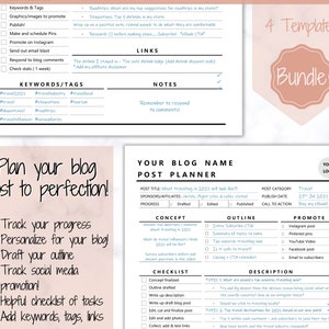 May include: A pink and white checklist for planning a blog post. The checklist includes sections for keywords, tags, links, concept, outline, description, and promote. The title of the checklist is "Plan your blog post to perfection!"