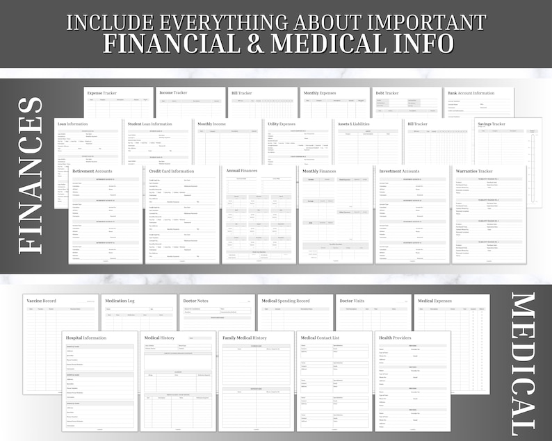 Puede incluir: Un conjunto de hojas imprimibles de registros financieros y m&eacute;dicos. La secci&oacute;n superior incluye rastreadores de gastos, ingresos y deudas. La secci&oacute;n inferior presenta registros m&eacute;dicos, notas del m&eacute;dico e informaci&oacute;n sobre proveedores de atenci&oacute;n m&eacute;dica. El texto "INCLUDE EVERYTHING ABOUT IMPORTANT FINANCIAL & MEDICAL INFO" est&aacute; en la parte superior.