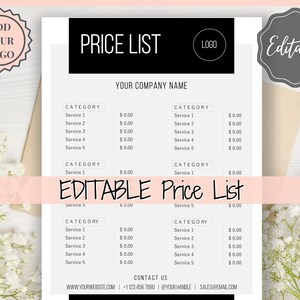 PRICE LIST Template Editable. Printable Price Sheet, Price Guide, Hair Salon, Hairdresser, Beauty, Pink Watercolor, Custom Menu, Pricing