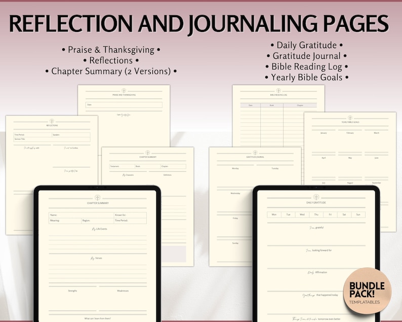 May include: A digital image of printable journaling pages for reflection and gratitude. The pages include sections for praise and thanksgiving, reflections, chapter summaries, daily gratitude, gratitude journal, bible reading log, and yearly bible goals.